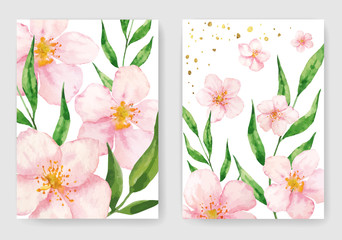 Floral vector background with cherry or sacura watercolor flowers and golden elements.