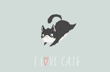 I love cats Hand drawn background with cats and lettering. Isolated vector illustration 