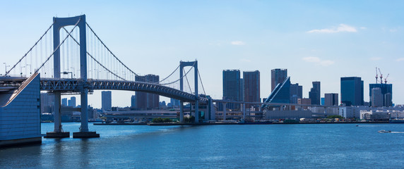 (東京都-風景パノラマ)晴れた日のレインボーブリッジと芝浦埠頭側風景