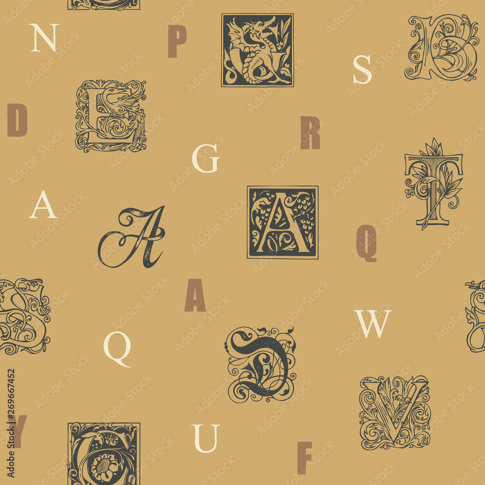 Poster vector seamless pattern with capital letters and hand drawn initial letters on a beige backdrop. rep