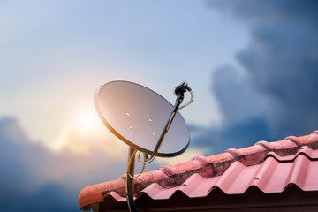 Communication concept with Satellite dish on sunshine background - obrazy, fototapety, plakaty