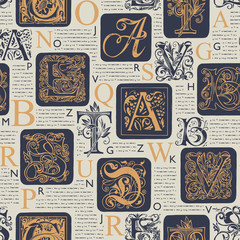 Vector seamless pattern with hand drawn alphabet letters on the background of old book pages. Old book with unreadable text and initial and capital letters, repeating vector background. - obrazy, fototapety, plakaty