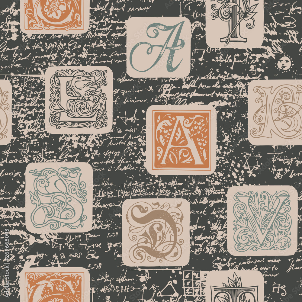 Poster vector seamless pattern with hand drawn alphabet letters on the abstract background in retro style. 