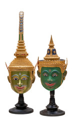Beautiful ancient fine art masks or Hua Khon for dancing performance is Thai traditional dance of the drama Ramayana epic on white background with clipping patch