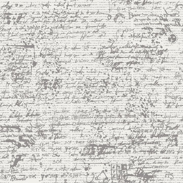 Vector seamless background with unreadable text. Handwritten notes and doodles on the old newspaper page with blots and spots in retro style. Can be used as wallpaper, wrapping paper or fabric