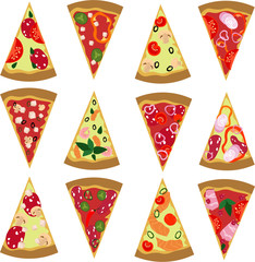 Set assorted pizza. Vegetarian, meat, mushroom pizza. Design for menu, cafe, recipes, restaurants, fast food, food court.