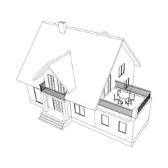 House perspective 3D. Drawing of the suburban house. Outlines cottage on white background. Building 3D model perspective vector. Cottage blueprint. 