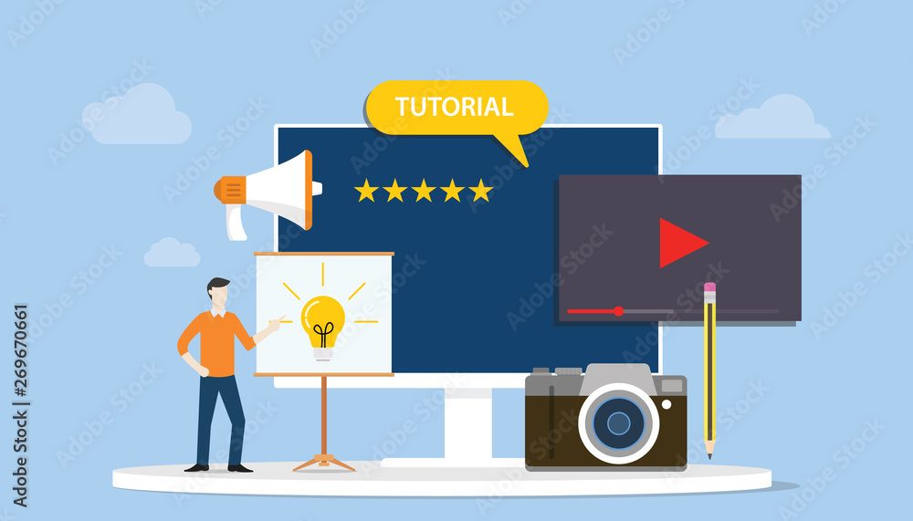 Poster professional tutorial training development or creation concept with men people and camera video - ve