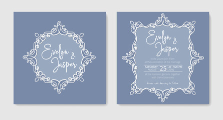 Set for two wedding invitation, greeting card, flyer, banner. With a curly white frame isolated on blue
