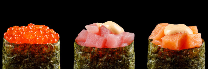 Classic sushi roll. Sushi at black background.Japanese seafood sushi , sushi a black background.