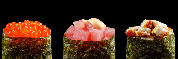Classic sushi roll. Sushi at black background.Japanese seafood sushi , sushi a black background.