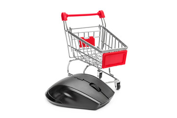 Shopping cart with computer mouse on white. Online shopping concept.