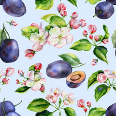 A blooming branch of apple tree in spring watercolor. Hand drawn apple tree branches and plums seamless pattern. Perfect for wallpaper, fabric design, textile design, cover, surface textures. - 269671602