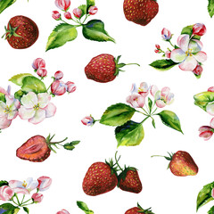 A blooming branch of apple tree in spring watercolor. Hand drawn apple tree branches and strawberry seamless pattern. Perfect for wallpaper, fabric design, textile design, cover, surface textures.