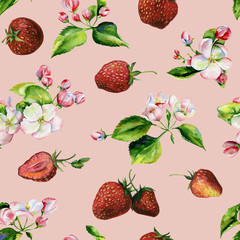 A blooming branch of apple tree in spring watercolor. Hand drawn apple tree branches and strawberry seamless pattern. Perfect for wallpaper, fabric design, textile design, cover, surface textures.