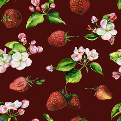 A blooming branch of apple tree in spring watercolor. Hand drawn apple tree branches and strawberry seamless pattern. Perfect for wallpaper, fabric design, textile design, cover, surface textures. - 269671639