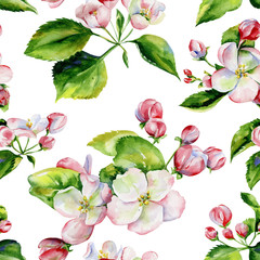 A blooming branch of apple tree in spring watercolor. Hand drawn apple tree branches and flowers seamless pattern. Perfect for wallpaper, fabric design, textile design, cover, surface textures. - 269671674