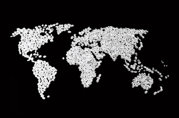 World's map from coffee beans on black background, geography ,photo 