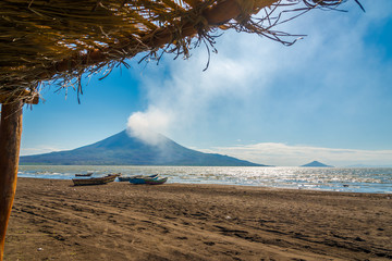 View at the Volcanos Momotombo and Momotombito with Xolotlan lake in Nicaragua