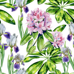 Tropical rhododendron flowers and iris seamless pattern watercolor. Interior wallpaper with pink azalea. Exotic plants print. - 269673053
