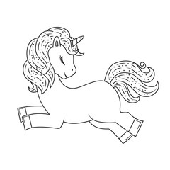 Cute outline doodle unicorn jumps. Hand drawn elements