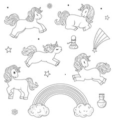 Collection of cute outline doodle unicorn sleeps. Hand drawn elements