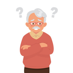 old man suffering from dementia, old man with question marks because they are easy to forget