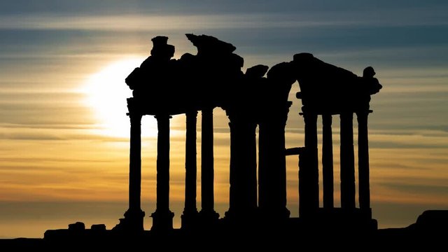 Tetrapylon at Sunset, monumental gate dedicated to Aphrodite, the Greek goddess of love, in archaeological site of Aphrodisias, Turkey