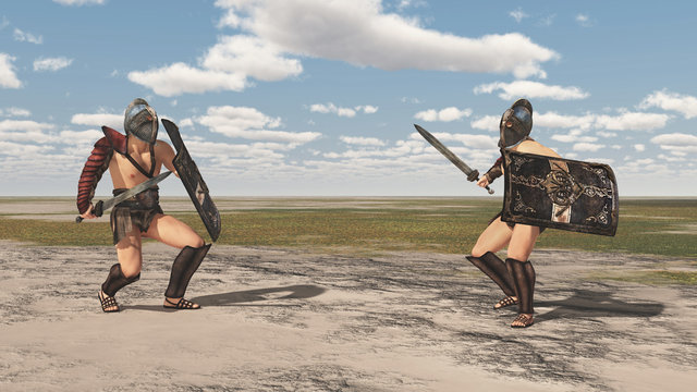 Thrakische Gladiatoren kämpfen in einer Landschaft