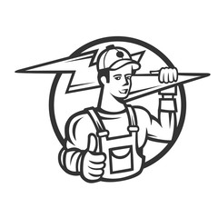 Mascot icon illustration of bust of a power lineman or electrician holding a thunderbolt or lightning bolt viewed.