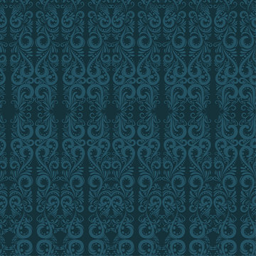 Seamless vector pattern with blue curlicues on a dark blue background.