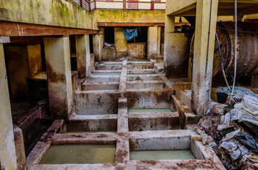 Sightseeing of Morocco. Tanneries of Fez. Dye reservoirs and vats in traditional tannery of city of Fez, Morocco