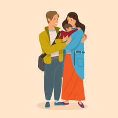 Father, mother and daughter standing together and cuddling. 