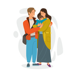 Father, mother and daughter standing together and cuddling. 