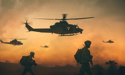 Foto auf Acrylglas Hubschrauber Militär- und Hubschraubertruppen auf dem Weg zum Schlachtfeld bei Sonnenuntergang.