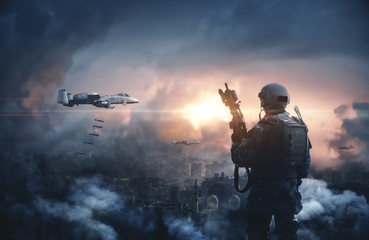 Jet bombardes the city and the forces are looking at the destroyed city at sunset