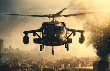 Poster Militaire helikopter tussen rook in verwoeste stad en het landt om soldaten te monteren © Meysam Azarneshin