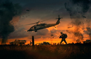 Fototapeta na wymiar Military helicopter, forces and machines in the farm to reach city center at sunset