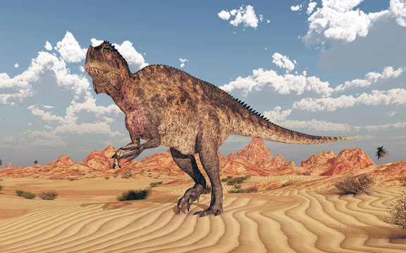 Dinosaurier Acrocanthosaurus in einer Wüstenlandschaft 