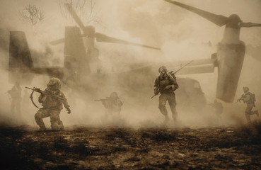 Military helicopters and forces between storm & dust in battlefield