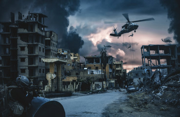 Military helicopter and forces in destroyed city and a soldier protects the soldiers that roping...