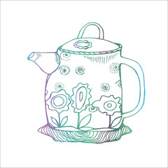 Neon illustration of a flower decorated teapot in the old style.
