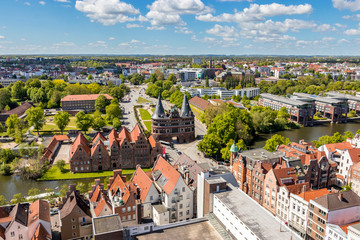 Panoramic view of the Holsten Gate in Luebeck, old town and river