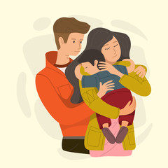 Mom and dad hugging their son. Happy parents and child in loving family.
