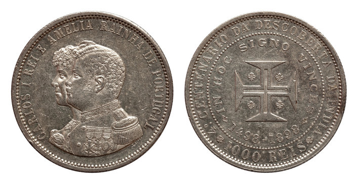 Portugal silver coin thousend 1000 reis minted 1898 Carlos and Amelia isolated on white background