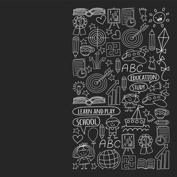 Vector set of learning English language, children's drawing icons in doodle style. Painted, black monochrome, chalk pictures on a blackboard.