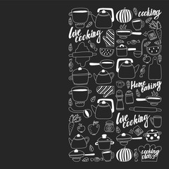 Vector set of children's kitchen and cooking drawings icons in doodle style. Painted, black monochrome, chalk pictures on a blackboard.