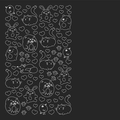 Vector set of beautiful round icons in the form of wild animals for children and design, print, cat ,bear, fox, bird ,hare or rabbit. Round animals with caption on black background