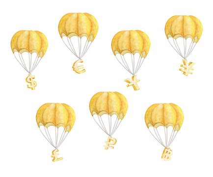 Set of Hot air balloon with currency symbols. Golden Dollar, Euro, Yuan, Yen, Pound, Bath. Watercolor illustration painting isolated on white background.