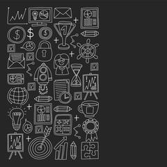 Vector set of bussines icons in doodle style chalk on black background.
